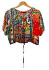 Vintage Carole Little Women's Boho Cropped Top Colorful Crop Shirt Drawstring OS