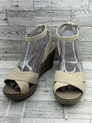 Sandalias de cuña Crocs para mujer talla 9 beige lona correa al tobillo plataforma doble comodidad Foto 1 de 4