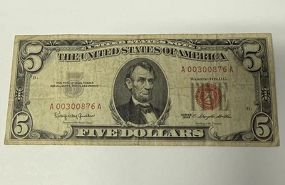 $5 DOLLAR UNITED STATES Federal NOTE 1963 RED SEAL  - Image 1 of 2