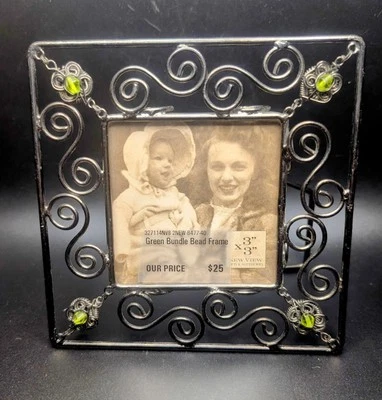 Square Picture Frame Metal Swirls & Glass Beads 3x3 Photo Window Green Beads - Image 1 of 4