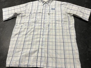 Camisa de pesca Under Armor para hombre L grande blanca azul a cuadros calce suelto Heatgear - Imagen 1 de 13