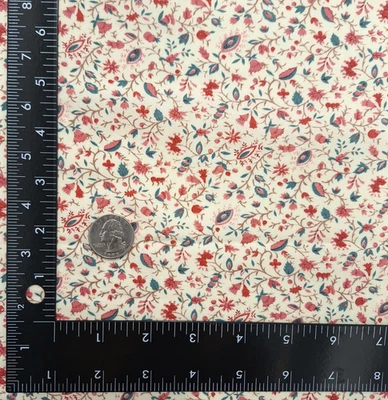 VTG Calico Tiny Flowers Pink Red Teal On Cream Quilt Cotton Fabric 2.3 YDS READ - Image 1 of 4