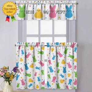 Easter Kitchen Curtains Valances 3 Piece Set,Spring Bunny Chick Hello My Peeps R - Picture 1 of 12