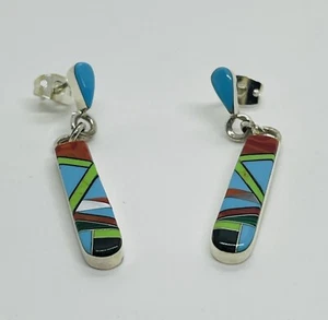 Vintage Zuni Turquoise Inlay Dangle Earrings  - Picture 1 of 6
