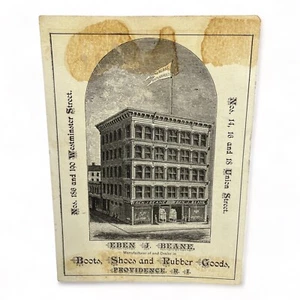 Victorian Trade Card Eben J. Beane Boots Shoes Rubber Goods Providence RI Tan - Picture 1 of 5