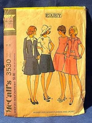 Vintage McCalls Sewing Pattern 1970s Drop Waist Dress, Jacket Size 12 Bust 34 - Image 1 of 4