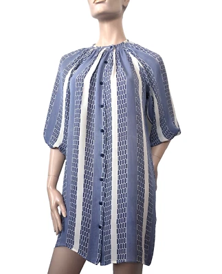 Винтажный ретро Tucker S классическая рубашка платье 100% шелк синий белый Geo полоски $320 - Изображение 1 из 4