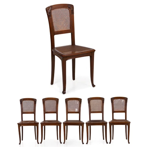 Art Nouveau Set of Six Carved Walnut Dining Chairs, France, 20th Century Cover