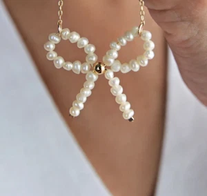 QVC Sterling Silver/18K Yellow Gold clad Genuine Pearl Bow Necklace 16"-18" - Picture 1 of 1