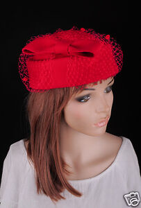 Bow & Lace 100% Wool Elegant Lady Women Dress Formal Church Hat Fedora Cap Red