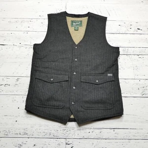 Woolrich Wool Vest Mens Small Gray Striped Sherpa Lined Snap Up Flap Pockets - Picture 1 of 5