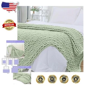 Sage Green 40"x60" Chunky Crochet Throw Blanket - Hand Knit and Machine Washable - Picture 1 of 11