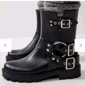 Stivali da pioggia moto Jeffrey Campbell Controller nero argento opaco taglia 6 - Foto 1 di 8