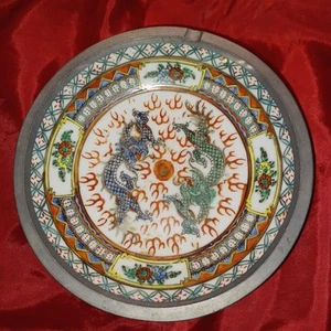 Vintage Chinese Pewter and Porcelain Dragon Bowl/Ashtray - Picture 1 of 3