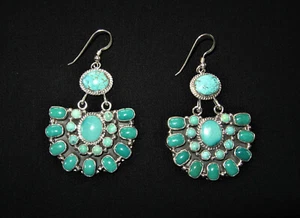 Turquoise Half Cluster Dangle Earrings - Navajo Handmade - Picture 1 of 2