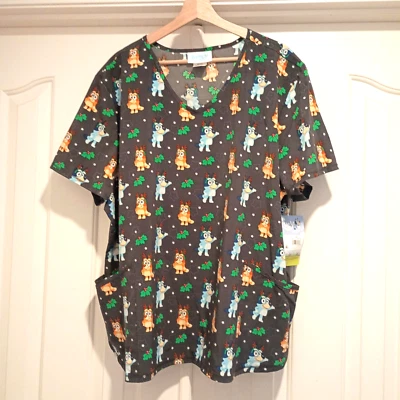 Christmas Bluey And Bingo Womens Gray V-Neck easy Care Scrub Top 3X Nurse Vet - Image 1 of 4