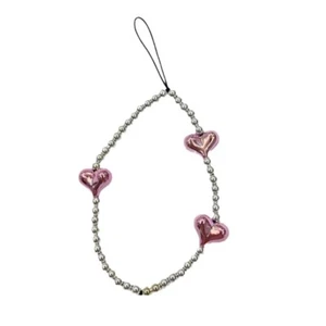 Crystal Pink Heart Keychain Phone Lanyard Round Beaded Heart Phone Strap - Picture 1 of 8