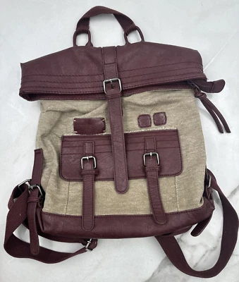 Amelia Havana Backpack Fold over Leather & Canvas Fabric Bag Burgundy Tan - Image 1 of 4