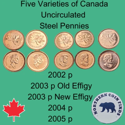 2002 p -2005 p  Canada 5 Different Uncirculated Steel (Magnetic) 1 Cent/Penny - Image 1 of 4