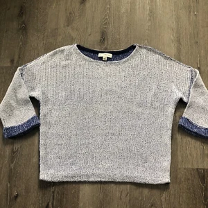 White + Warren Sz M White Blue Slight Crop Pullover Knit Fold Cuff Top - Picture 1 of 11