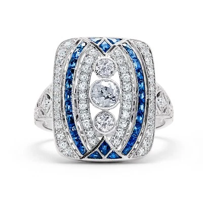 Anillo Art Deco Diamante Zafiro Azul Platino Hecho a Mano Acabado Antiguo Cóctel Foto 1 de 4
