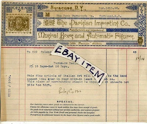 1906 Billhead SIRACUSA NUEVA YORK CAJA DE MÚSICA FRANCESA importación parisina auténtica - Imagen 1 de 1