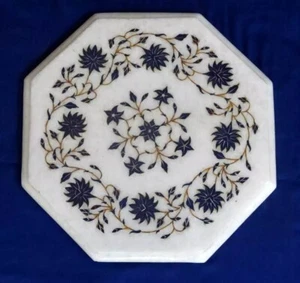 12" Elegant Octagon White Marble Table Lapis Stone Inlay Floral Arts Garden Deco - Picture 1 of 8