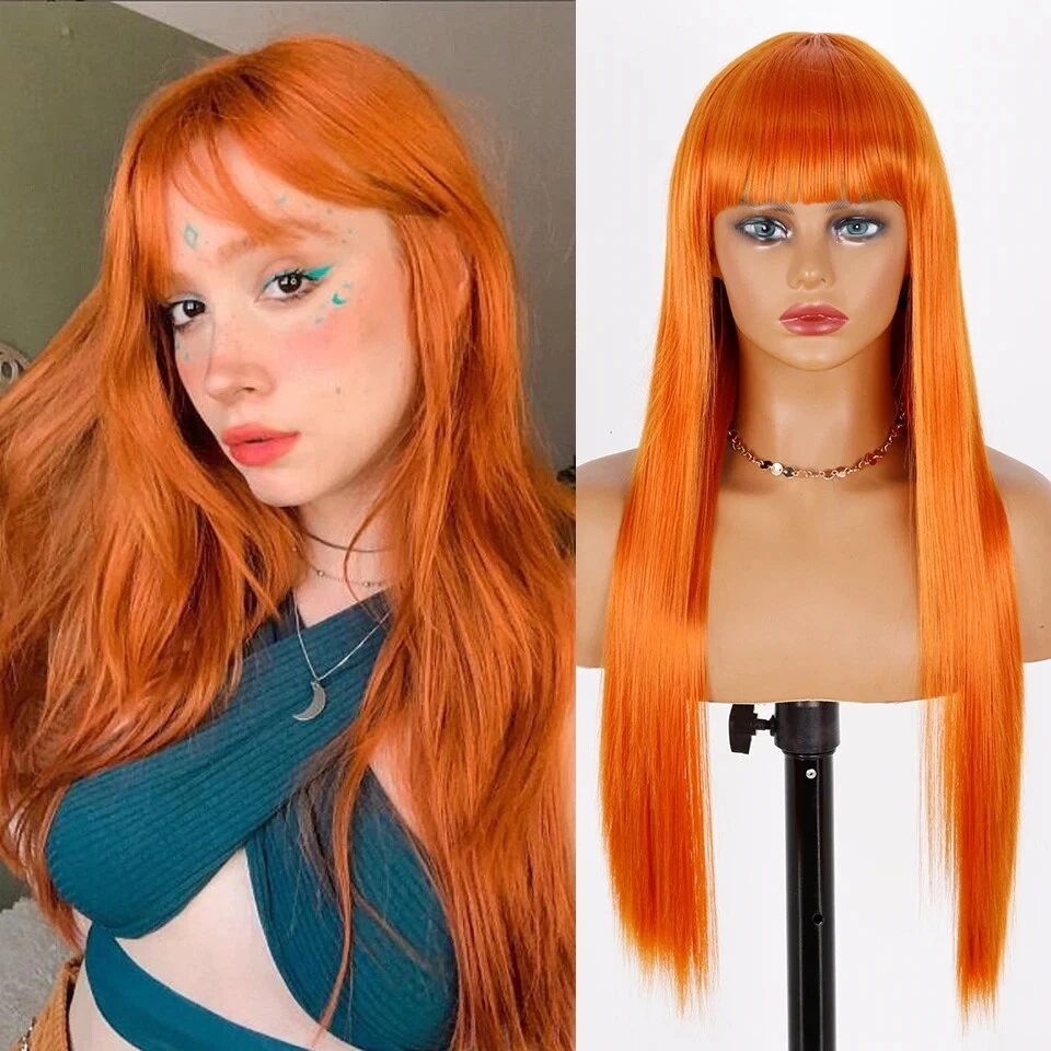 Women Long Straight Orange Heat Safe Synthetic Wigs With Neat Bangs Natural LOOK