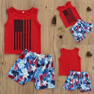 4th of July Toddler Baby Boy Outfit Sleeveless Shirt Elastic Shorts Outfits - Picture 1 of 11