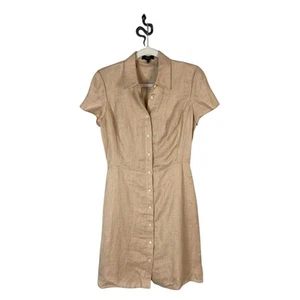 Theory Shirt Dress Short Sleeve Button Down Herringbone Linen Preppy Tan Size 4 - Picture 1 of 6