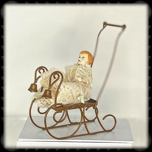 Miniature Victorian Push Handle Metal Sled w Sleigh Bells - Picture 1 of 5