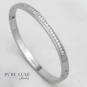 Women's 6.5" Silver.Stainless Steel Brilliant CZ Eternity Bangle Bracelet*BOX - Picture 1 of 3