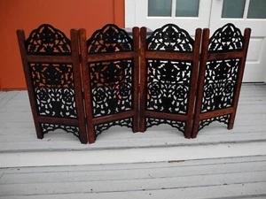VINTAGE,WOOD&METAL FIREPLACE SCREEN, HAND CARVED WOOD,4 PANEL,56"LONG - Picture 1 of 18