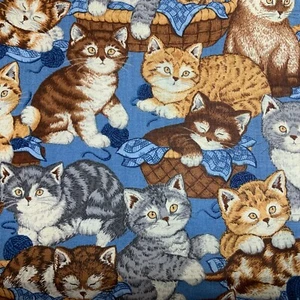 Cat Print Fabric Cotton Baskets Yarn Tabby Kittens Blue Orange Cranston 4 yd x45 - Picture 1 of 12