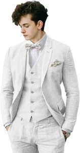 Boys 3 Pieces Linen Slim Fit Formal Suit Set Wedding Dresswear Outfit Tuxedo - Picture 1 of 41
