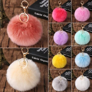 Women Keychain Soft Fluffy Faux Fur Ball 8CM Handbag Hanging Car Key Key Ring - Picture 1 of 28