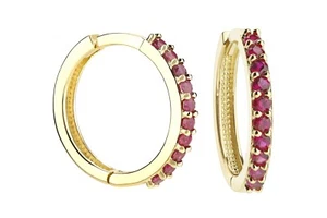 9ct Yellow Gold simulated RUBY Hoop Huggie Earrings - 15mm Diameter - Picture 1 of 6