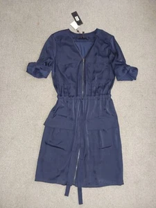 BCBG MAXAZRIA Women's Navy Blue Above Knee Dress Size Medium Fold Button Sleeves - Picture 1 of 8