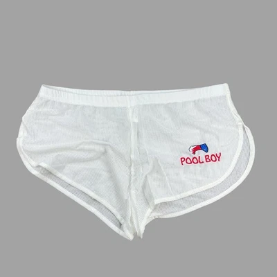 Pool Boy Personalizado Bordado Hombres Crema Blanco Malla Euro Split Corto Botín Pantalones Cortos Foto 1 de 4