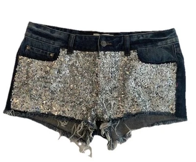 Victoria’s Secret Pink Denim Shorts Women’s 8 Silver Sequin Cutoff Jean Frayed - Image 1 of 4