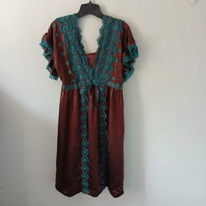 VTG Betsey Johnson Size 8 Women's 100% Silk Dress Brown Blue Crochet Midi Lined - Picture 1 of 19