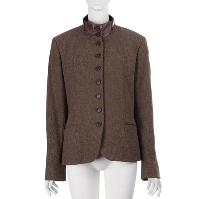 Женская куртка LAUREN RALPH LAUREN размер 14 коричневый шерстяной твидовый кожаный воротник блейзер - Изображение 1 из 4