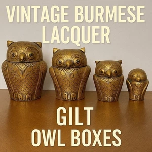 Vintage Burmese Lacquer Gilt Owl Boxes – Set of 4 Nesting Jewelry Trinket Boxes - Picture 1 of 8