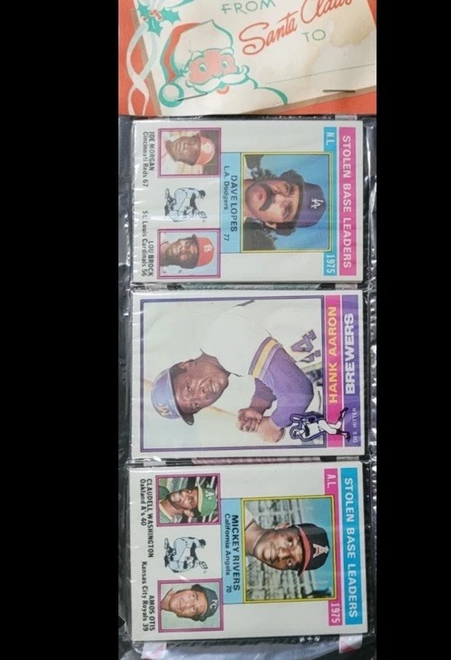 1976 年 Topps 假日美国职棒大联盟机架包名人堂汉克·亚伦、SB NL 和 AL 领导卡 — 第 1/4 张图片