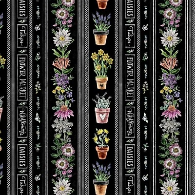 Michael Miller - Flower Market - Potted Plants Stripe - Black - Imagem 1 de 4
