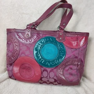 Coach East West Circle Patchwork Zip Tote Shoulder Bag Purple Multi Leather - Bild 1 von 15
