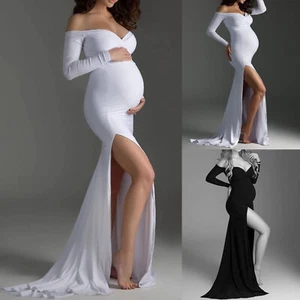Women Pregnants Sexy Photography Props Off Shoulders V-Neck Long Maternity Dress - Picture 1 of 25