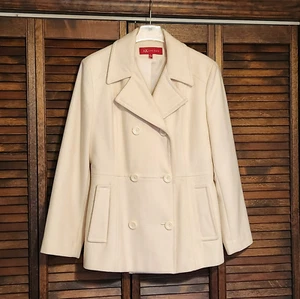 Anne Klein Size Large Ivory Pea Coat Wool Blend Double Breasted Jacket Coat - Picture 1 of 10