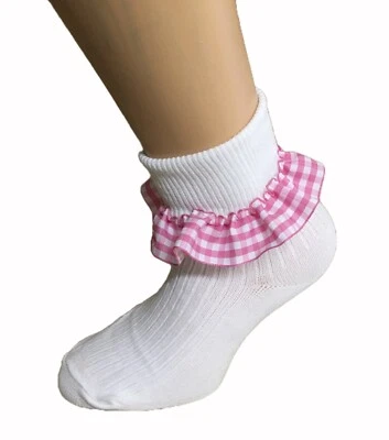 BIG BEN Mädchen Knöchel Turn Over Top Socken mit ROSA Gingham Zierleiste 3 Paar Schulgrößen