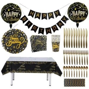 Black gold Plates Cup Napkins cutlery's Foil Helium Tableware party decorations - Picture 1 of 26